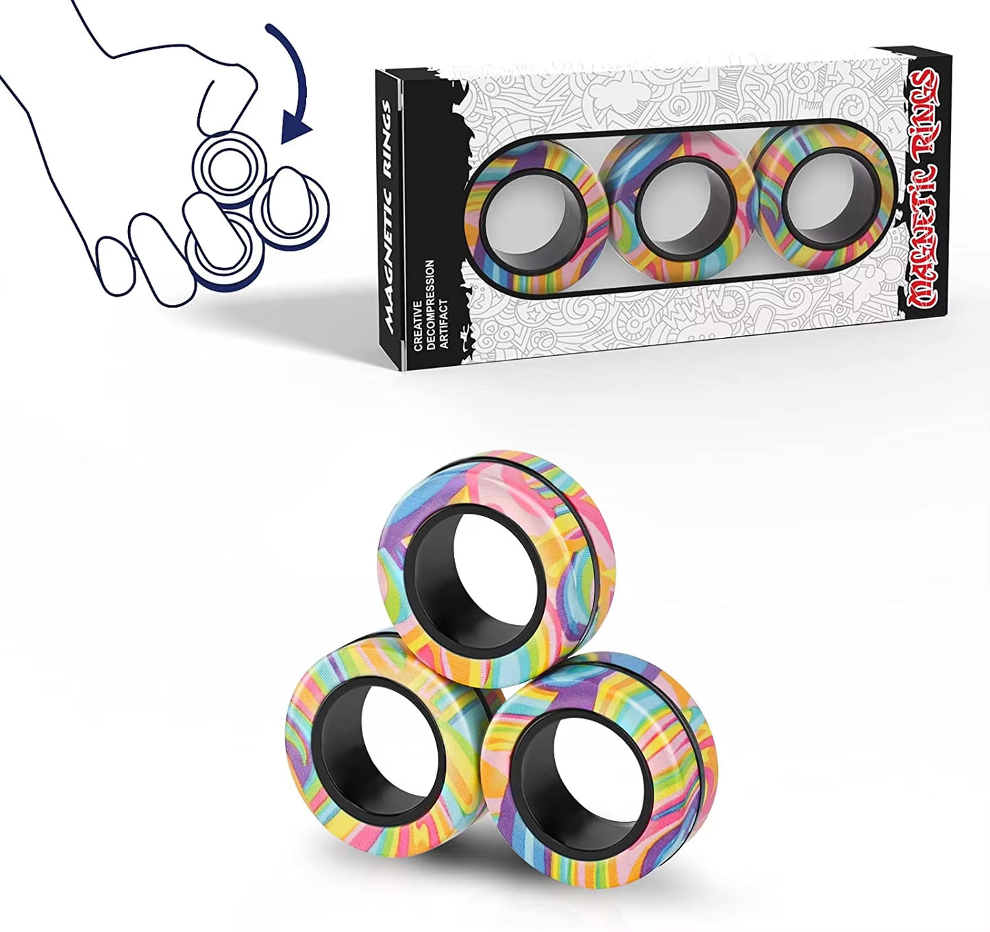 3Pcs Finger Magnetic Rings Colorful Fidget Toy Set Adult Magnets Spinner Rings for Relieve Stress Anxiety Relief Therapy