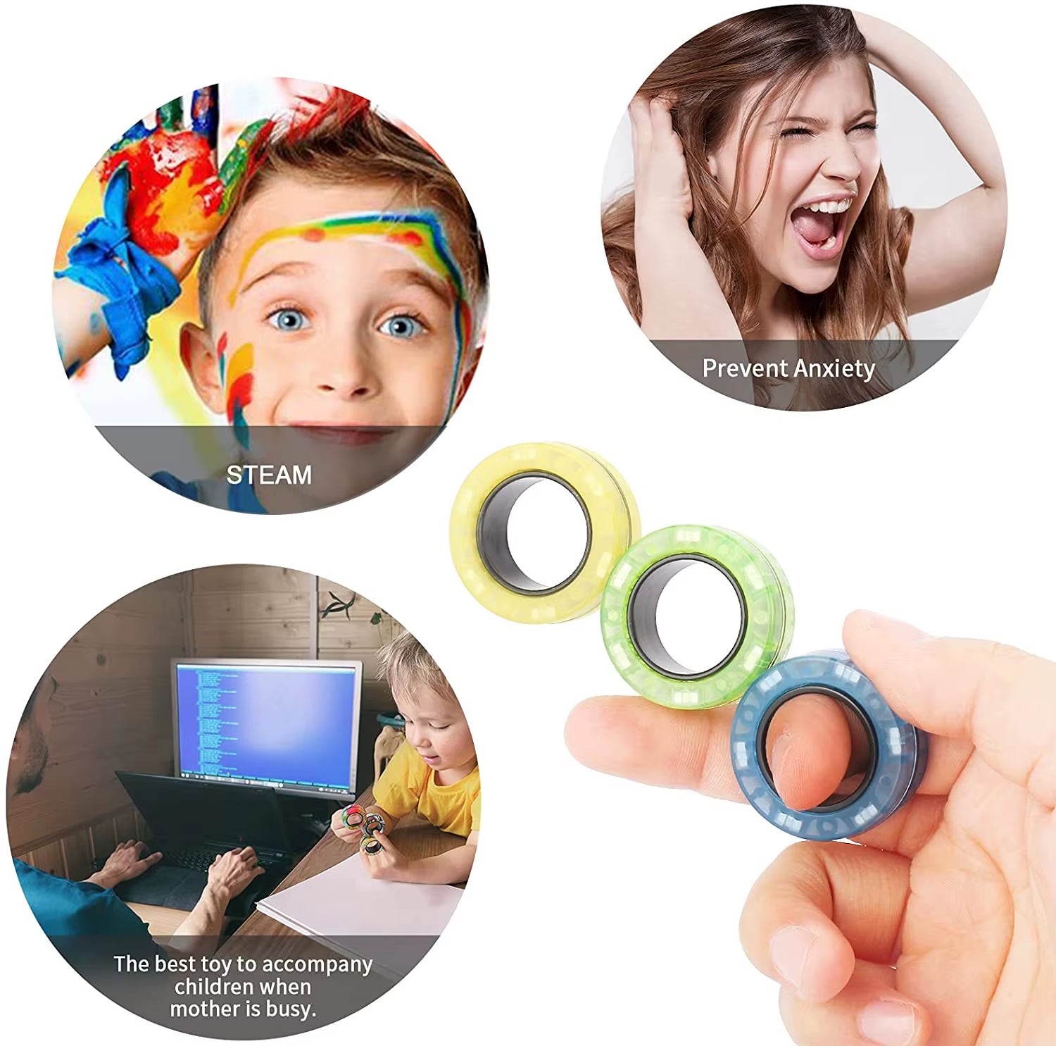 3Pcs Finger Magnetic Rings Colorful Fidget Toy Set Adult Magnets Spinner Rings for Relieve Stress Anxiety Relief Therapy